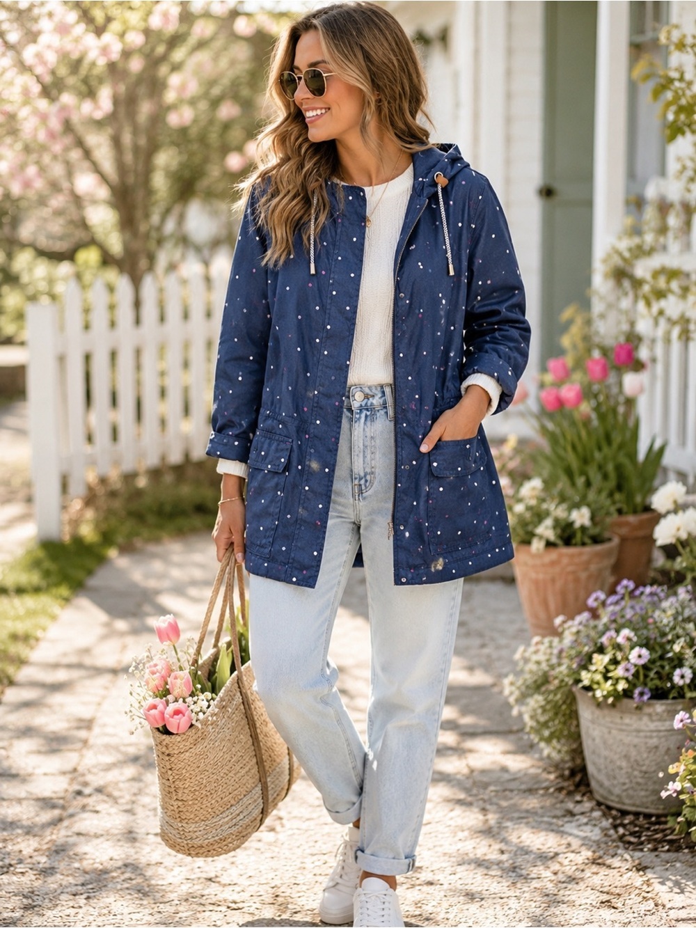 Talbots Navy Polka Dot Hooded Spring Jacket - M